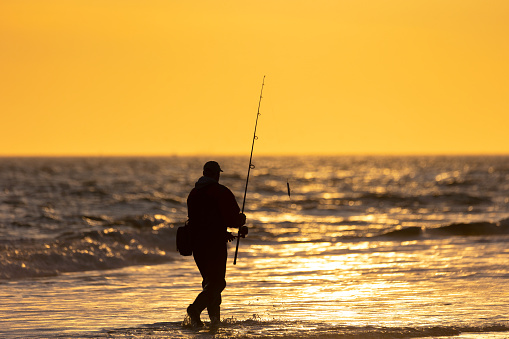Long Island, New York - November 05, 2020 : Silhouette of a fisherman walking through waves along the coast at sunset. Jones Beach State Park, New York
