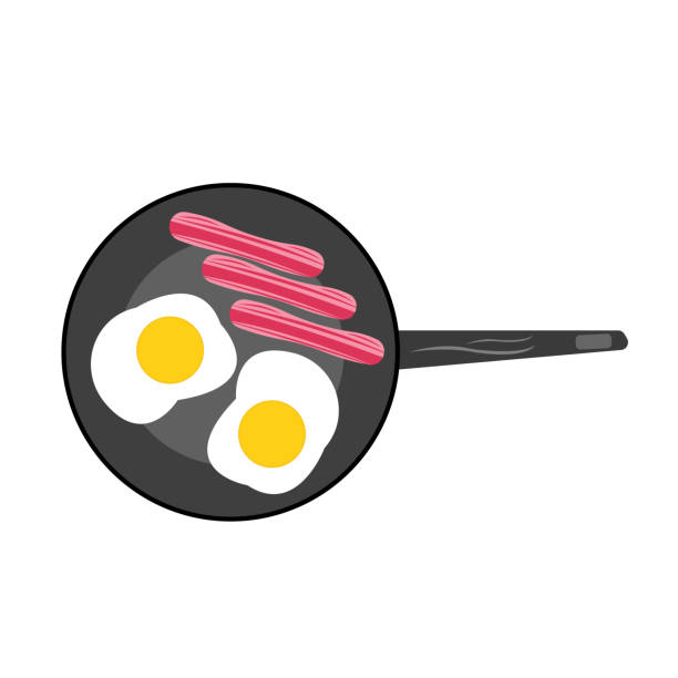 illustrazioni stock, clip art, cartoni animati e icone di tendenza di salsicce fritte e uova di pollo si trovano in una padella - frying pan fried fried chicken fried egg