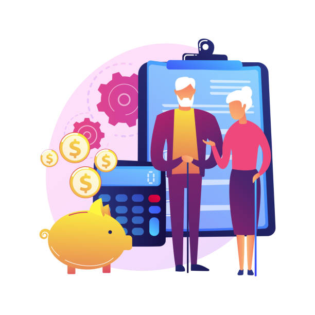 ilustrações, clipart, desenhos animados e ícones de metáfora do conceito de vetor de preparação para a aposentadoria - pension currency senior adult couple