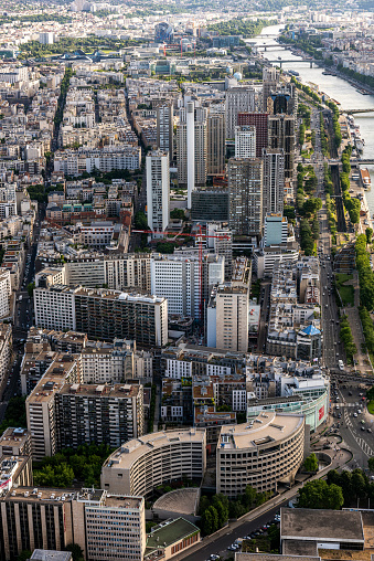 Aerial view Parisian cityscape from Tour Eiffel in France.