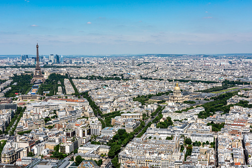 Aerial view of the Eiffel Tower and Les Invalides Quarter together in Paris, France.