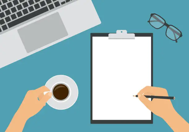 Vector illustration of Flat design illustration of hands holding a pencil and a cup of coffee. Work desk with laptop and glasses. Worker writes on a white sheet of paper - vector