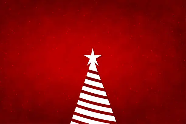 Vector illustration of One white coloured triangle shaped Christmas tree over a dark red color glittering xmas backgrounds with a star at the top