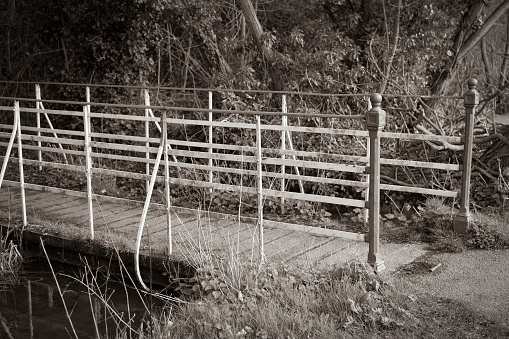 A wooden bridge over a small stream in woodland in Hinwil Switzerland