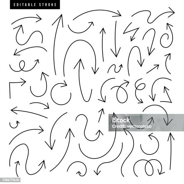 Set Disegnato A Mano Di Elementi Freccia In Stile Doodle - Immagini vettoriali stock e altre immagini di Segno di freccia
