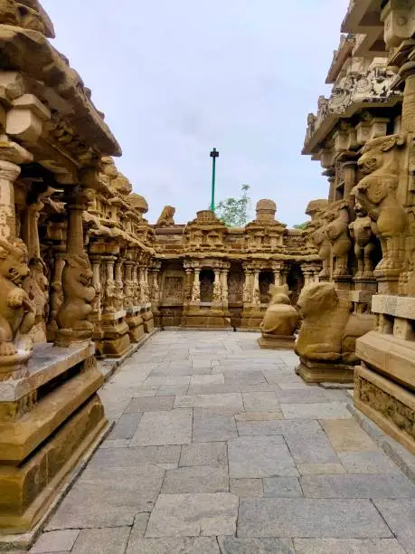 Ancient sandstone carvings of God and animal sculptures on the historical temple in Tamilnadu