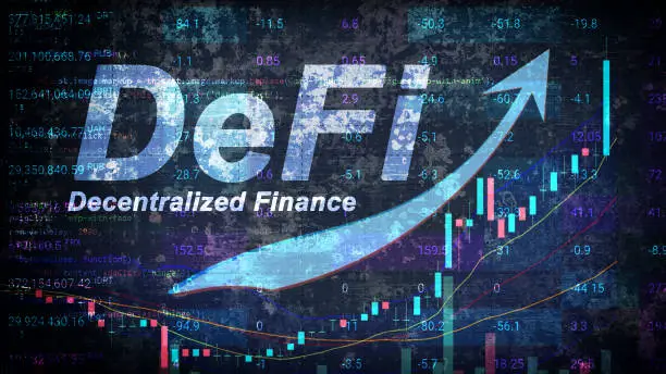 DeFi is a decentralized finance that is gaining popularity and hype. Growth of the new finance sector with graph and arrow up. Defi Fintech concept. Horizontal.