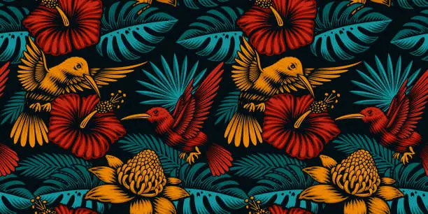 Vector illustration of Tropical seamless background with exotic plants and beautiful birds