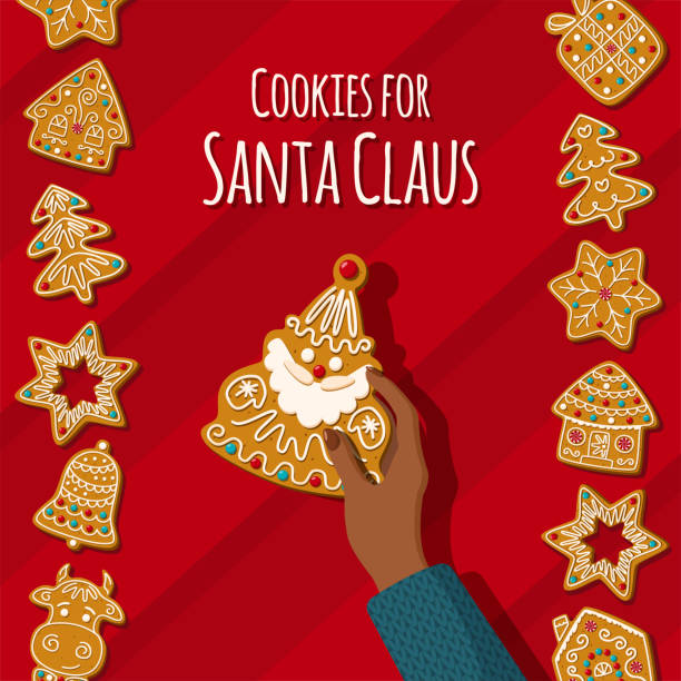 African American women's hand holds a gingerbread Santa Claus. Christmas Homemade cookies. Vector illustration African American women's hand holds a gingerbread Santa Claus. Christmas homemade cookies for Santa. Vector illustration gingerbread man cookie cutter stock illustrations