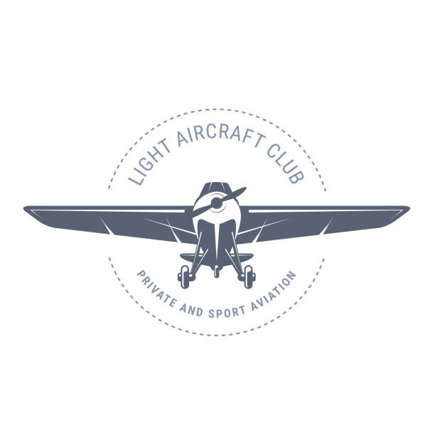 leichte luftfahrt emblem mit doppeldecker, vintage flugzeug-symbol, propeller flugzeug frontansicht logo, vektor-illustration - propellerflugzeug stock-grafiken, -clipart, -cartoons und -symbole