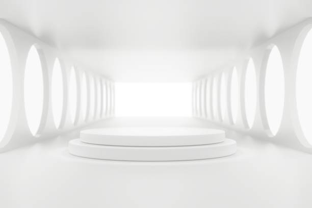 istock 3d rendering of empty room with white background and podium product stand. 1286720611