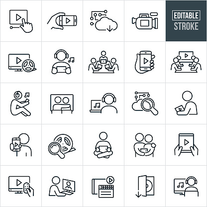 A set of online streaming icons that include editable strokes or outlines using the EPS vector file. The icons include a video playhead, video streaming on mobile phone, cloud based streaming, video camera, clapper board, person streaming music on smartphone, workers on laptops at table streaming data, online streaming from smartphone, business people streaming a video conference, couple watching a movie being streamed, person streaming music on laptop, person streaming a movie, computer router, person streaming movie on tablet pc, streaming a movie to a television, film roll, movie download and a person streaming music on a desktop computer.
