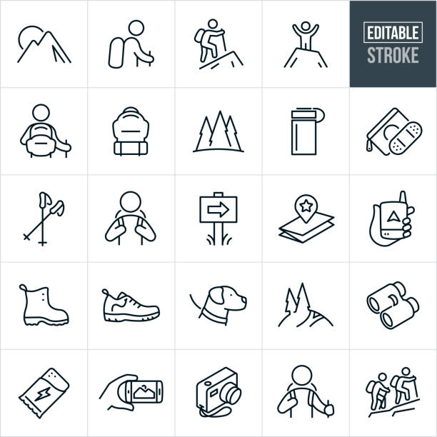 Hiking Thin Line Icons - Editable Stroke A set of hiking icons that include editable strokes or outlines using the EPS vector file. The icons include a mountain range, hiker with backpack and hiking pole, hiker hiking up a mountain, hiker at top of mountain, backpack, outdoors scene, forest, water bottle, first aid kit, hiking poles, mountain trail, map, GPS device, boots, hiking shoes, dog on a leash, binoculars, protein bar, camera and two people hiking up a trail. hiking icons stock illustrations