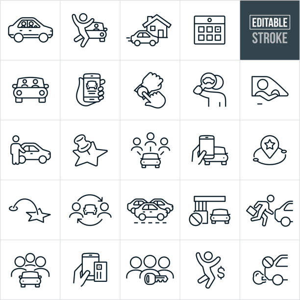 Carpooling Thin Line Icons - Editable Stroke A set of carpooling icons that include editable strokes or outlines using the EPS vector file. The icons include passengers carpooling together, passenger waiting for ride, ride-share in front of home, calendar, passengers in car, scheduling ride on phone, checking watch, driver driving car, driver waiting to pick up passenger, destination marker and traffic among others. mobility as a service stock illustrations