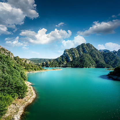 Scenic panorama view on lake Castillon in Provance, France. Popular destination for summer vacation and travel.