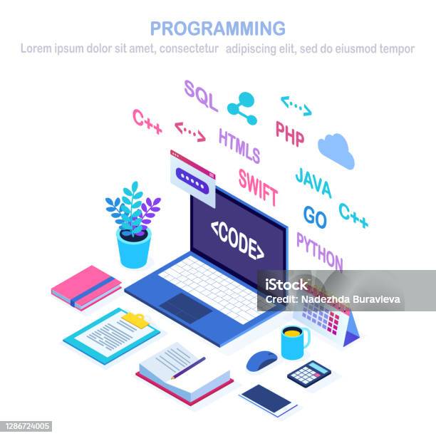 Software Development Programming Language Coding 3d Isometric Laptop ...