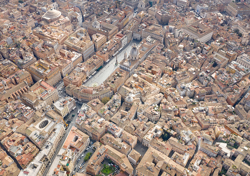Unique aerial of the famous Pantheon, Piazza Navona and Roof Tops, Rome, Italy. Converted from RAW.