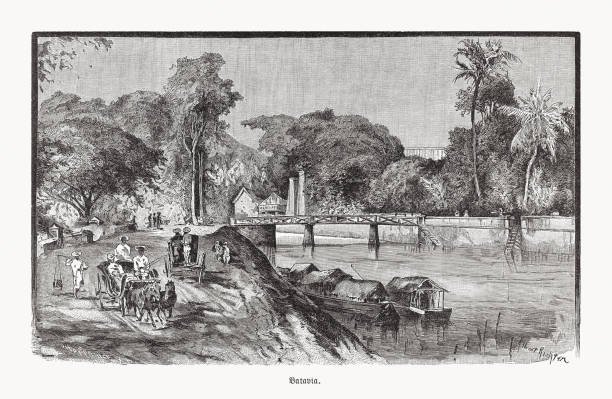 batavia (dżakarta) w holenderskich indiach wschodnich (indonezja), drzeworyt, opublikowana w 1893 - dutch colonial stock illustrations
