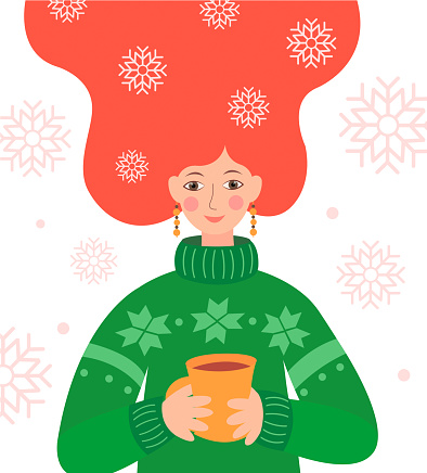 A girl with loose red hair and snowflakes in them with a cup of tea in her hands. Vector Illustration symbolizing warmth and comfort in winter