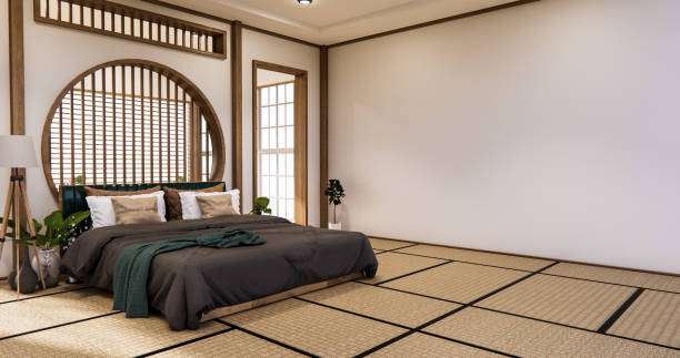 istock Circle shelf wall design on Bedroom japanese deisgn with tatami mat floor. 3D rendering 1286724918