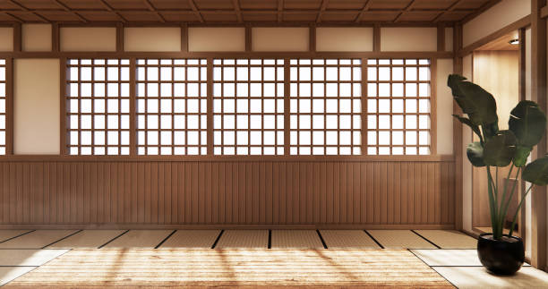 interior sala vazia estilo japão. renderização 3d - dojo - fotografias e filmes do acervo