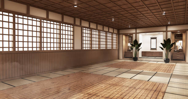 interior sala vazia estilo japão. renderização 3d - dojo - fotografias e filmes do acervo