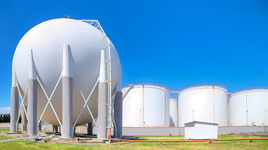 Oil and gas storage tanks in the refinery area