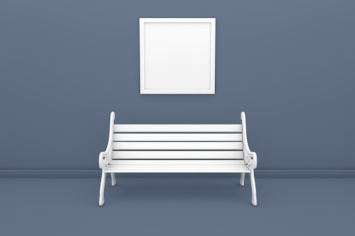 3D White bench and empty frame on gray room