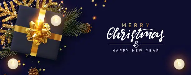 Vector illustration of Merry Christmas and Happy New Year. Festive Xmas background with decorative realistic design element. Gift box, decoration glitter gold snowflake, burning candle, pine and spruce branches, gold stars.