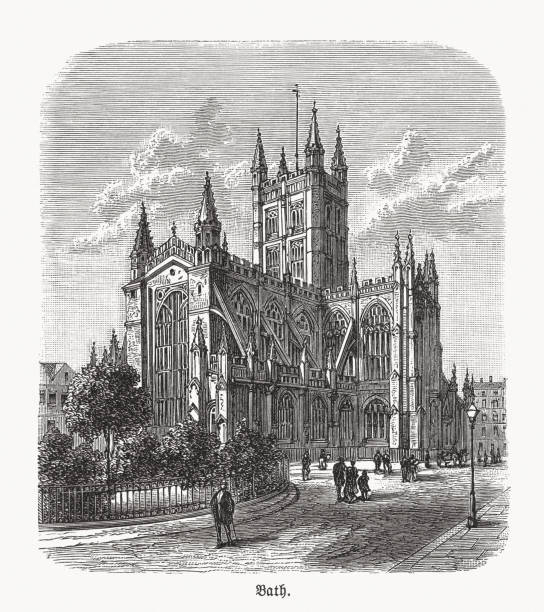 ilustrações, clipart, desenhos animados e ícones de vista histórica da abadia de bath, inglaterra, xilogravura, publicada em 1893 - bath abbey