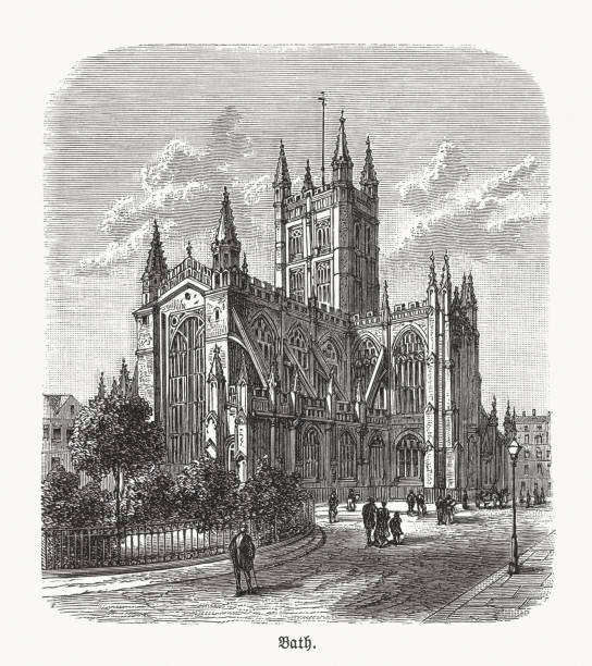 Historical view of the Bath Abbey, England, woodcut, published 1893 Historical view of the Bath Abbey - parish church of the Church of England and former Benedictine monastery in Bath, Somerset, England. Wood engraving; published in 1893. bath abbey stock illustrations