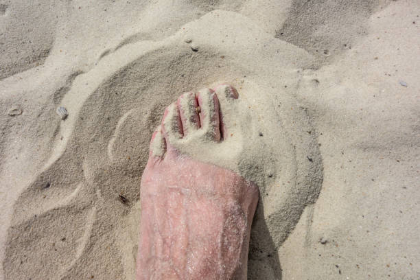 istock Close-up view of bare human foot on white sand beach 1286731930