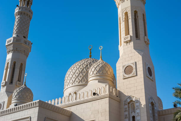 Architectural dome of Jumeirah Mosque, the only mosque in Dubai which is open to the public and dedicated to receiving non-Muslim guests. stock photo