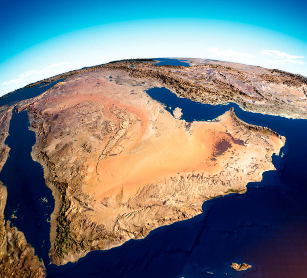 Map of the Arabian Peninsula, Middle East physical map, 3d render, map with relief and mountains. Map of the Arabian Peninsula, Middle East physical map, 3d render, map with relief and mountains. Arabian Sea, Red Sea and Persian Gulf. Yemen, Oman, Saudi Arabia, United Arab Emirates, Iran. Elements of this image are furnished by Nasa. https://visibleearth.nasa.gov/images/73801/september-blue-marble-next-generation-w-topography-and-bathymetry/73812l persian gulf countries stock pictures, royalty-free photos & images
