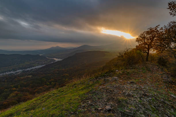 Skalky view point over valley of river Labe in autumn dark cloudy day