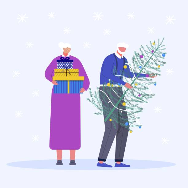 ilustrações de stock, clip art, desenhos animados e ícones de set of christmas family. adult people with christmas gift and tree. present under tree and snowflakes - christmas present senior men surprise gift box