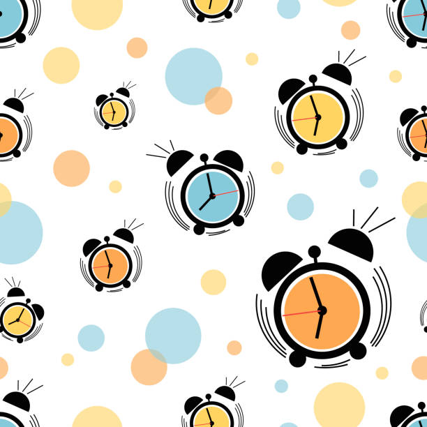 Alarm clock. Color dial. Vector background, pattern. Multicolored clock face. Laconic design Alarm clock. Color dial. Vector background, pattern. Multicolored clock face. Clockwork. Laconic design seamless template for textiles, wallpaper. Flat minimalistic style. Vector illustration. clock patterns stock illustrations