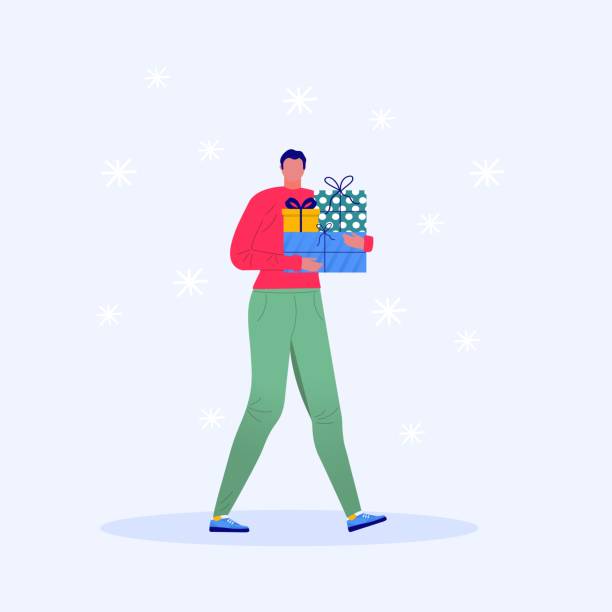 istock Merry Christmas greeting card template with man walking and carrying present, gift boxes. Xmas winter poster, banner, invitations 1286739395