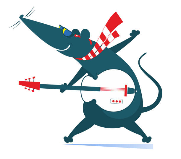 Cartoon rat or mouse plays guitar illustration Rat or mouse plays guitar isolated on white opossum silhouette stock illustrations