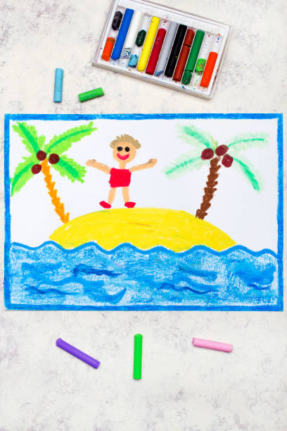 istock Colorful drawing: happy boy resting on the island. Vacation times 1286740746