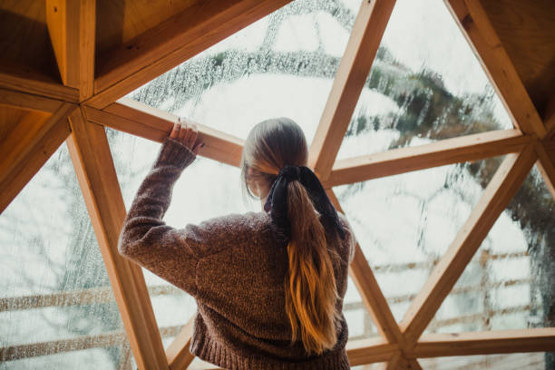 задний вид молодой женщины, смотря в окно - window rain winter house стоковые фото и изображения