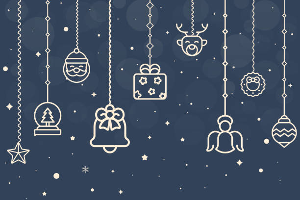 クリスマス構成。濃い青色の背景上のアイコン。クリスマス、スノーフレーク、冬、大晦日テンプレートコンセプト。ベクトル図。 - christmas winter snowflake new years eve点のイラスト素材／クリップアート素材／マンガ素材／アイコン素材