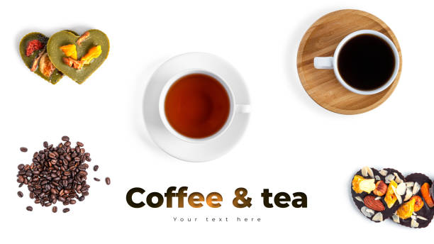 Coffee, tea and raw chocolate on a white background. Long header banner format. Panorama website header banner. High quality photo