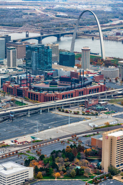 St. Louis, United States - November 8, 2020:  Aerial view of St. Louis, Missouri including the home of Major League Baseball's St. Louis Cardinals, Busch Stadium.