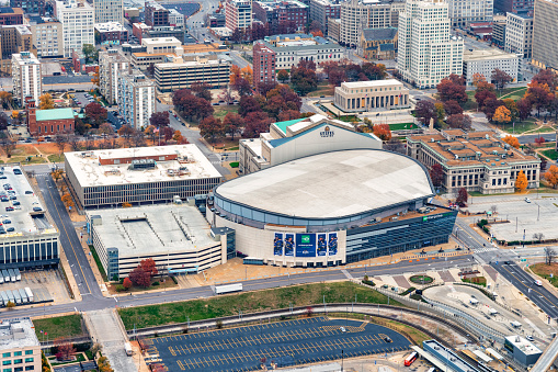 St. Louis, United States - November 8, 2020:  The Enterprise Center, home of the National Hockey League's St. Louis Blues shot located near downtown shot from an altitude of about 800 feet.