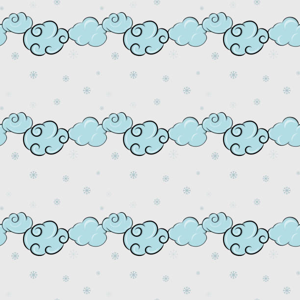 nahtloses muster im cartoon-stil "wetter". wolken und schneeflocken auf hellgrauem hintergrund. - seamless pattern meteorology snowflake stock-grafiken, -clipart, -cartoons und -symbole