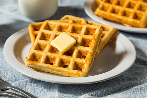 Homemade Warm Belgian Waffles for Breakfast with Butter