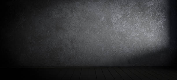 istock Dark empty interior room with concrete or plaster wall texture, wooden plank floor, used as abstract studio background wall for display product 1286747501