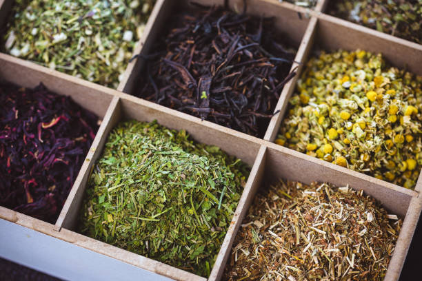 Assortment of dry tea in a wooden box