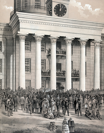 Vintage image features the inauguration of Jefferson Davis as president of the Confederate States of America, in front of the State Capitol in Montgomery, Alabama, on February 18, 1861.